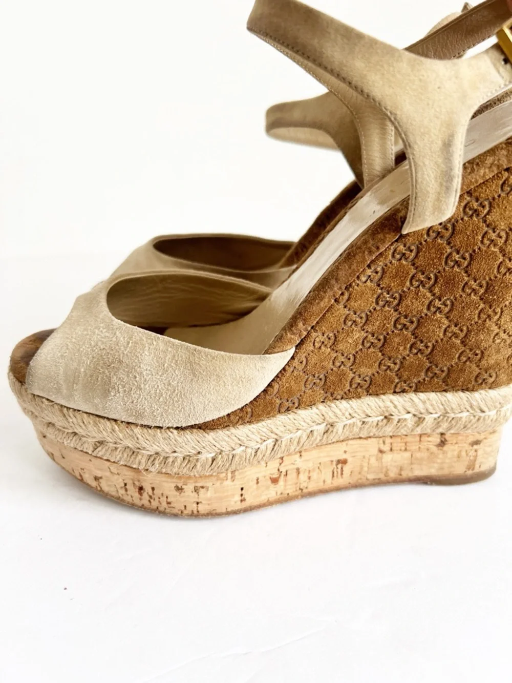 SZ 36.5 Gucci Suede Espadrille Wedge Sandals Beige Logo Platform